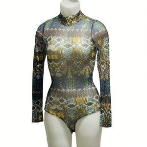 Semi-Sheer Mesh Long Sleeve Multi Aztec Print Bodysuit MMC